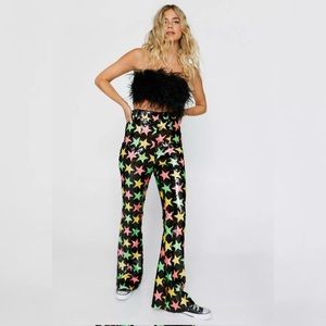 Nasty Gal Sequin Star Fit Flare Pants High Waisted Festival Disco Size 6